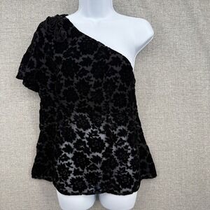 WD‎ NY Black Velvet Floral One Shoulder Top Sz 10 L Party Y2K Whimsigoth Vamp